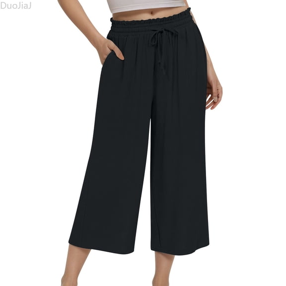 DuoJiaJ Womens Cotton Linen Capri Pants Summer Wide Leg High Waist Casual Pant with Pockets Beach Travel 2026 Black L