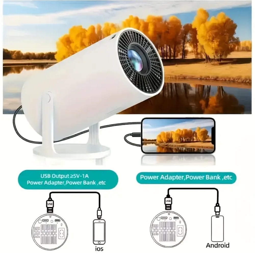 Mini Projector, with Wired Screen Sync 4K 1080P Portable Projector 180° Rotation. 17-130" Screen Video Projector. Compatible with Smartphones, Laptops, PC