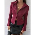 thumbnail image 5 of Women'S Striped Button Down Crop Shirt Long Sleeve Fitted Blouse Work Shirt Top Wine Red XL, 5 of 6