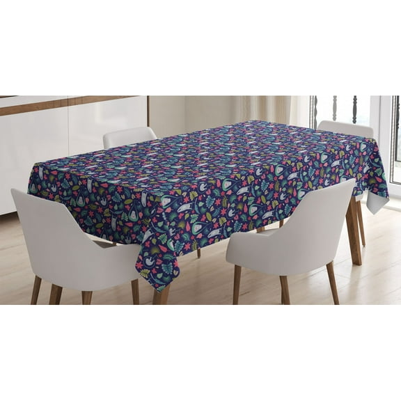 Tropical Tablecloth, Exotic Art Pattern of Tropic Colorful Flowers and Leaves Hanging Sloths, Rectangle Satin Table Cover for Dining Room and Kitchen, 52" X 70", Indigo and Multicolor, by Ambesonne