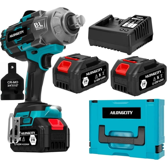 2000Nm(1500ft-lbs) Cordless Impact Wrench,3/4 inch High Torque Brushless Impact Gun, 5500RPM Power Batt ery Impact Wrench w/ 2 x 4.0Ah Bat tery, Fast Charger for Heavy Duty Truck Mower