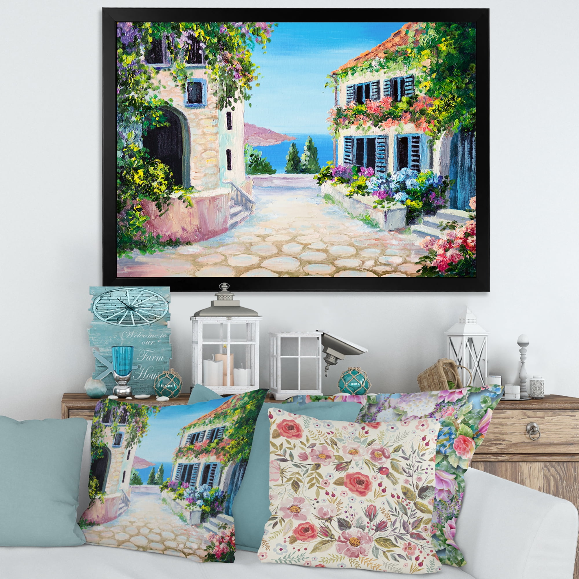 Designart 'Blossoming Flowers With White Houses With Near The Sea' Nautical & Coastal Framed Art Print