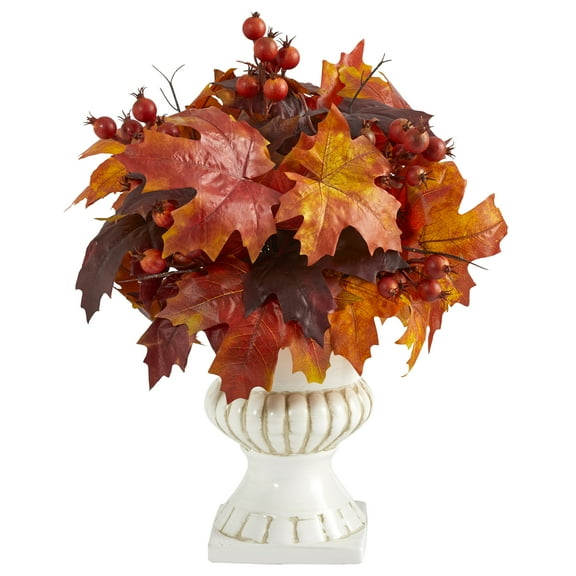 Nearly Natural Orange 20" Autumn Maple Leaf and Berries Artificial Plant in White Urn