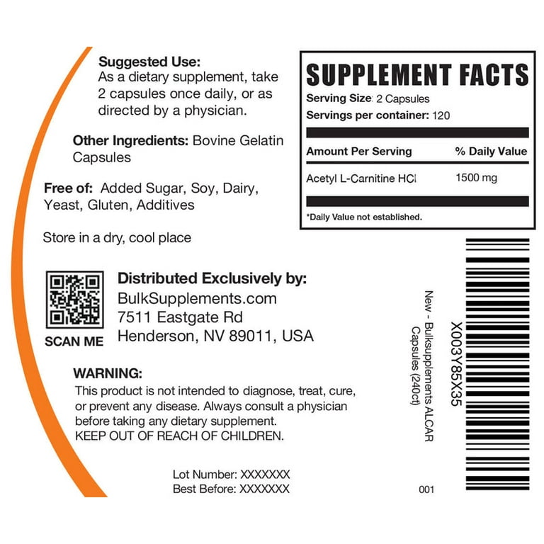 BulkSupplements.com, Acetyl L-Carnitine Capsules, 240 ct, 1500mg - Walmart.com BulkSupplements.com, Acetyl L-Carnitine Capsules, 240 ct, 1500mg - Walmart.com