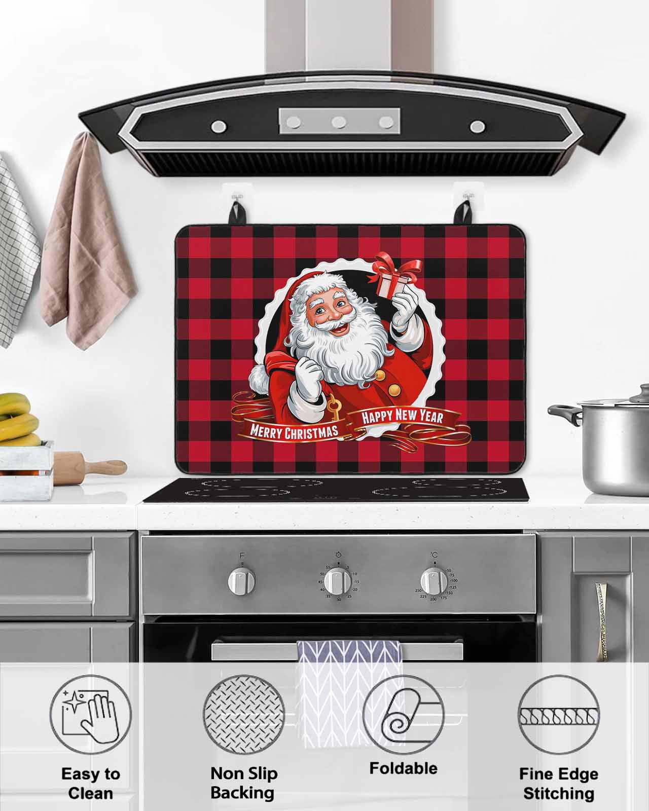 Large Induction Cooktop Protector Mat Christmas Stove Top Covers for Electric Stove, Xmas Santa Claus Red Black Buffalo Plaid Decorative Stove Burner Cover Mats, Glass Top Stove Cover