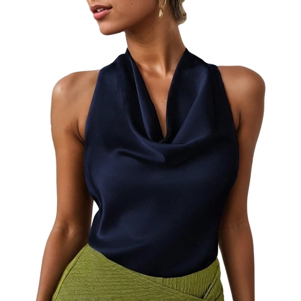 Blusas de Satén para las Mujeres Vestido Elegante sin Mangas Cuello de Vaca Blusa de Corbata Trasera, Color Sólido Cortado Top para Bodas Y Fiestas de Verano