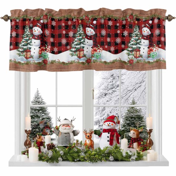 Valances for Windows Winter Snowflake Snowman Rod Pocket Short Curtain for Bathroom Living Room Bedroom Red Black Plaid Vintage Wood 1 Panel 42x18in