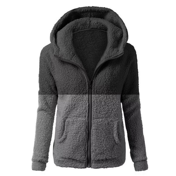 Meichang 2024 Clearance Womens Winter Coat Warm Fuzzy Fleece Zip Up Hooded Sweatshirt Jacket Coat Color Block Long Sleeve Sherpa Outerwear with Pockets Black XXXXL