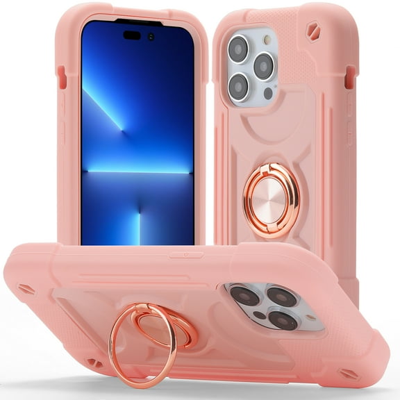 Dteck Compatible with iPhone 14 Pro Case 6.1 Inch with Ring Stand, Shockproof Silicone Hybrid Hard Plastic Heavy Duty Military Grade Phone Cover for iPhone 14 Pro,Rosegold