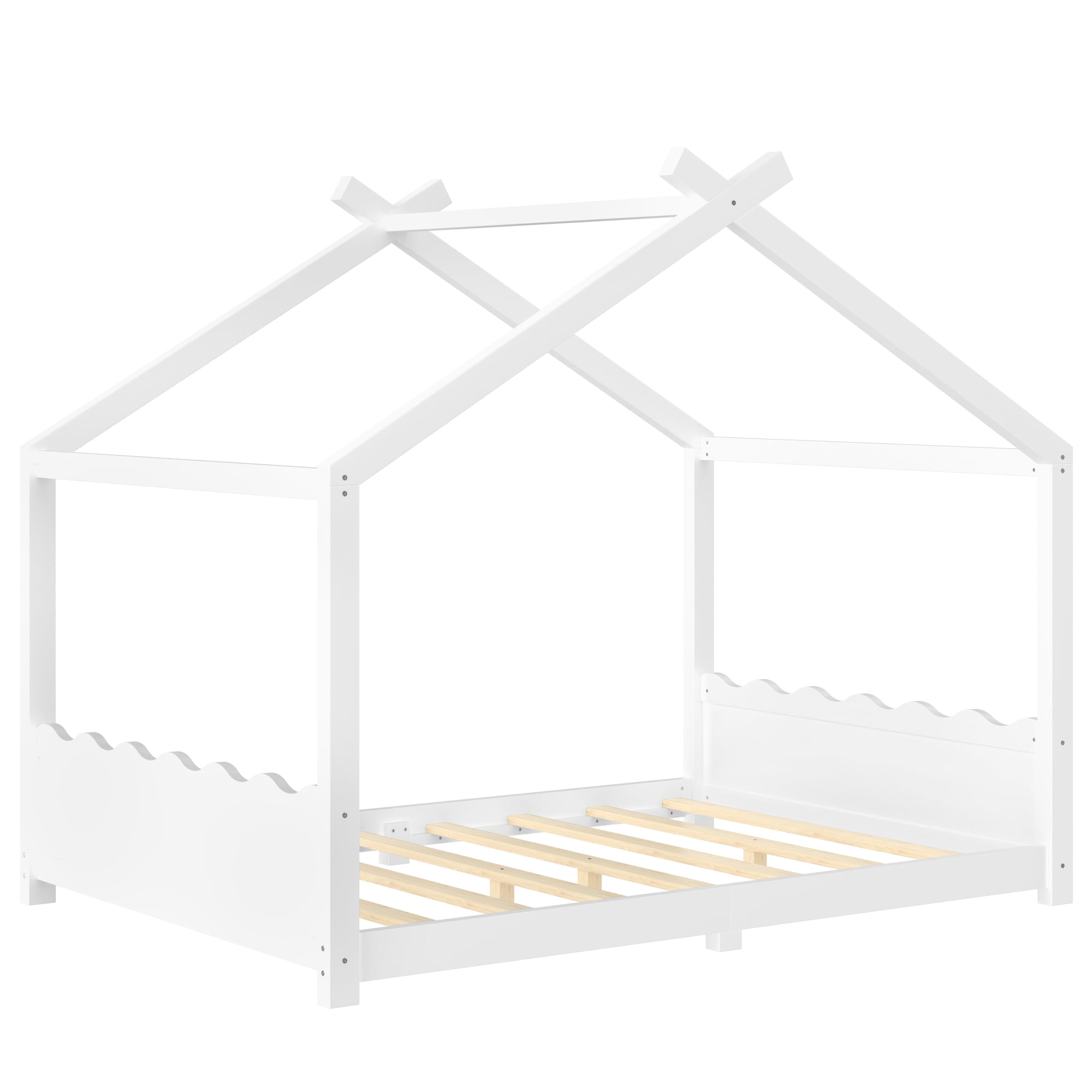 Leumius Full Size House Shape Bed,Montessori House Bed Solid Wood Floor Bed for Kids,No Box Spring Needed,Light White