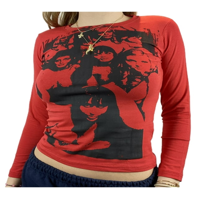 MesaSe Femmes Y2K Imprimé Graphique Pull à Manches Longues Chemisier Crop Tops