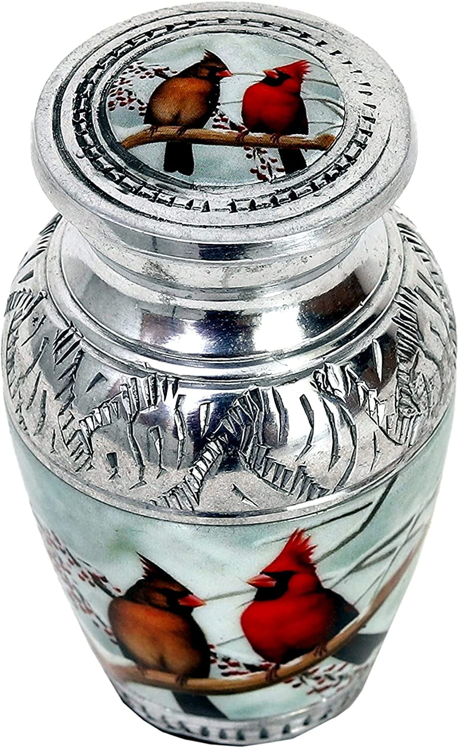 hlc Beautiful Small Lovely Cardinal Couple Bird Keepsake Urn Qnty 1 - Keepsake Urn for Human Ashes with 1 Velvet Box Bag - Peaceful Engraved Mini Memorial Affordable Keepsake Urn (3.5 cu.in)