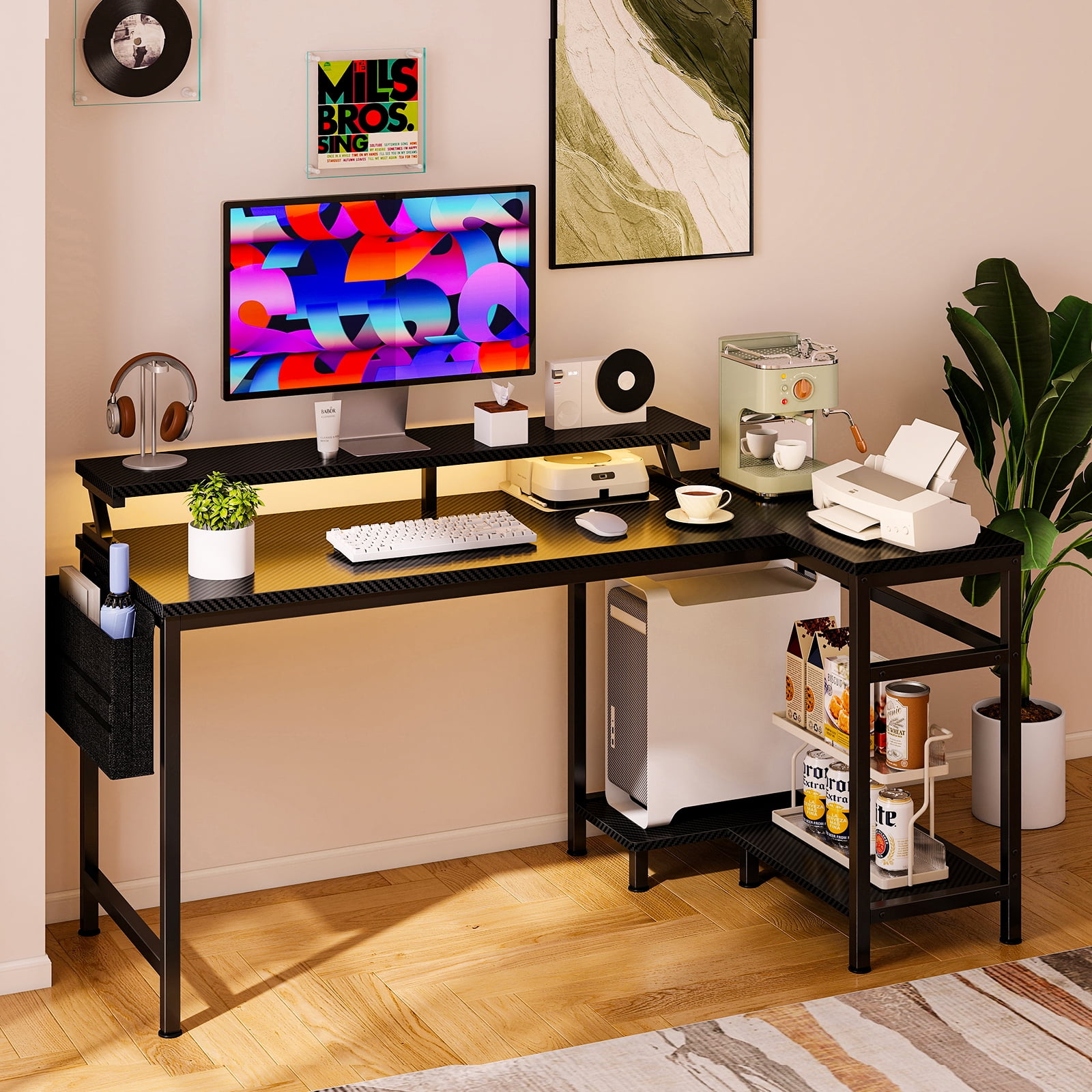 CONCETTA 48" L Shaped Gaming Desk with USB Charging, LED Lights, Power Outlets, Large Storage space, Monitor Stand, Black