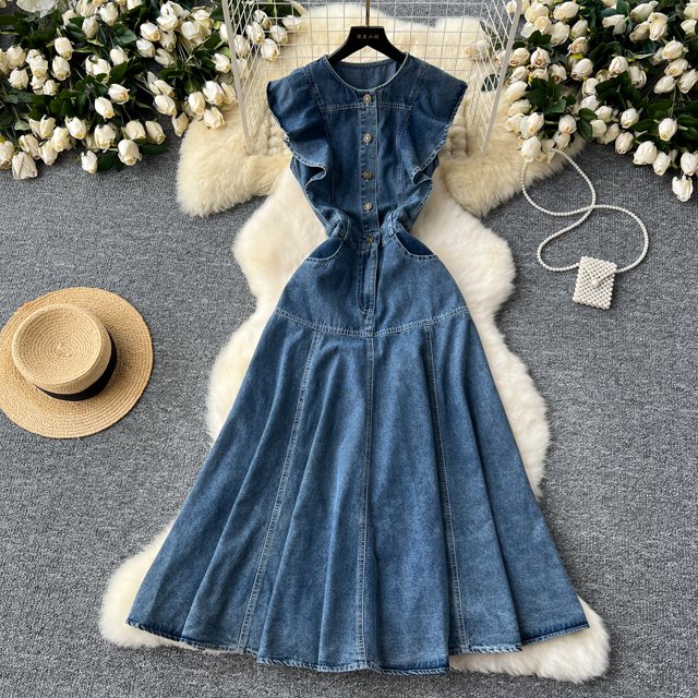 Vestido vaquero para mujer, prenda larga sin mangas, con borde de volantes, empalmado, con una hilera de botones, 2024