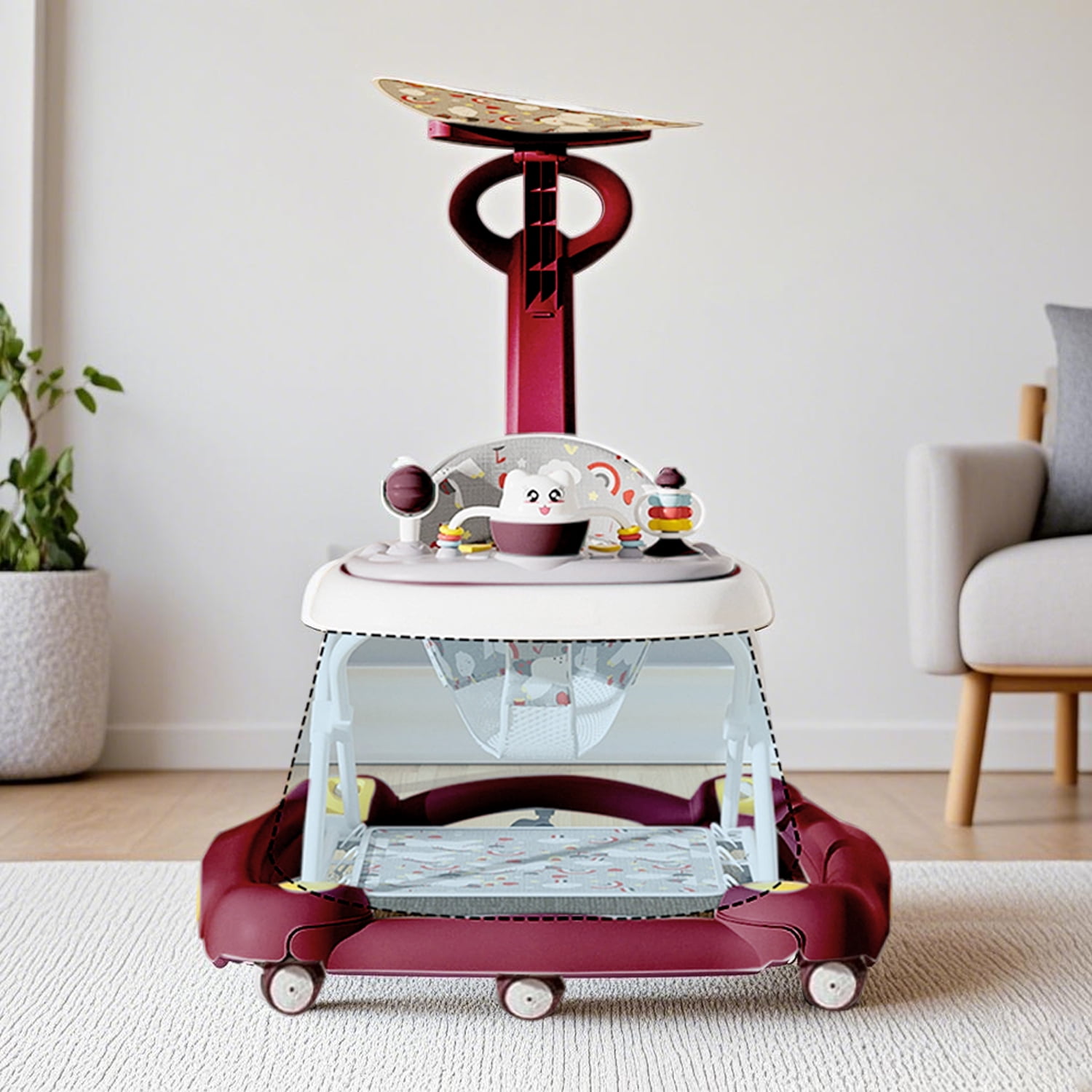 LIXI 4-in-1 Baby Walker with Toy Tray - Adjustable Height 3 Gears for 6-36M, Foldable Design (Red)