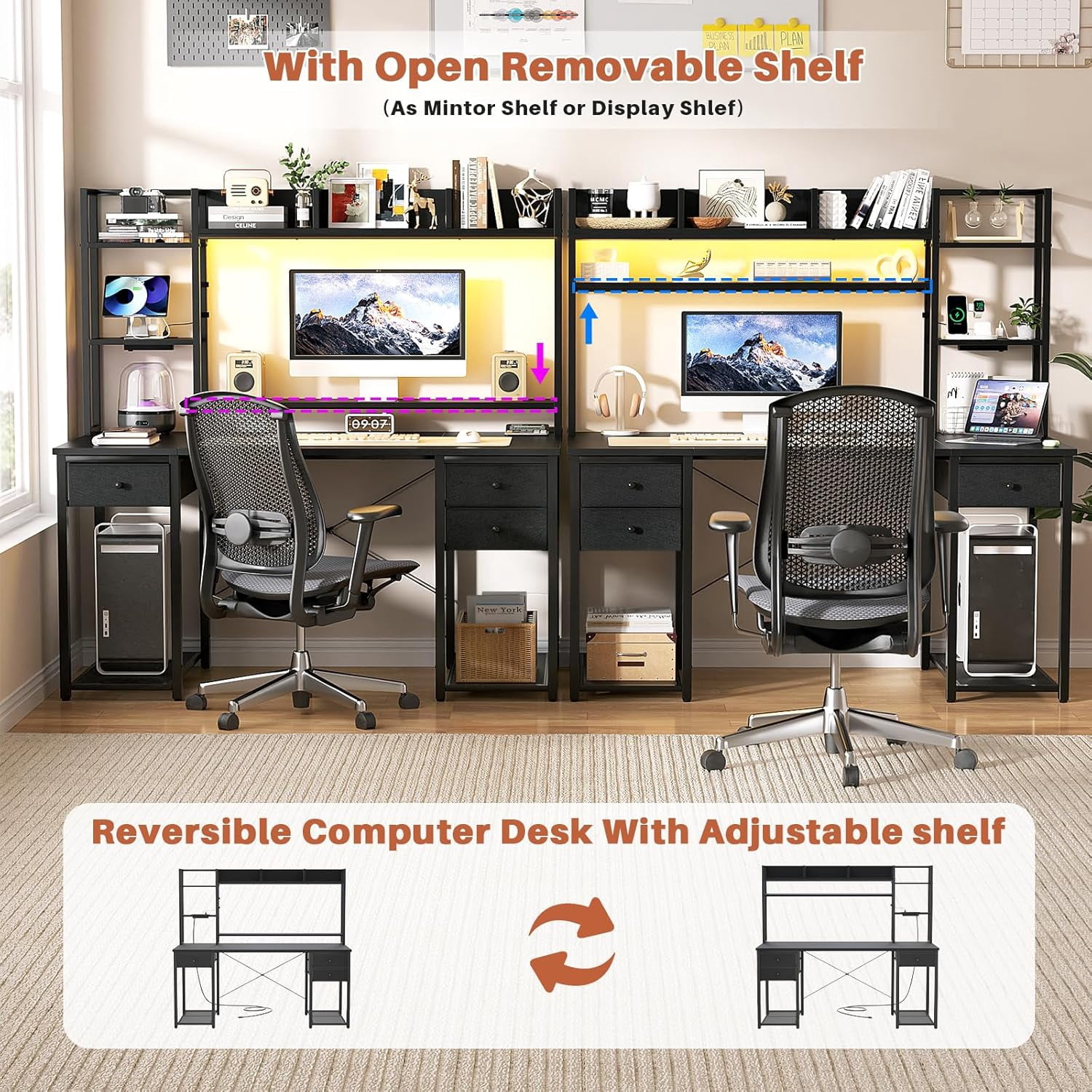 iSunirm Desk with LED Light and Power Outlet, 47.2'' Gaming Desk with Hutch, Reversible Computer Desk with Drawers, and Storage Bookshelf, Large Workstation Desk, for Home & Office, Black