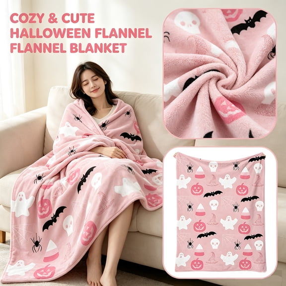 Mskk Pink Halloween Flannel Pink Throw Blanket, Ghost Pumpkin Bat Spider Printed Soft Fleece Blanket, Lightweight Decorative Blanket for Sofa Couch Bed Autumn Home Decor
