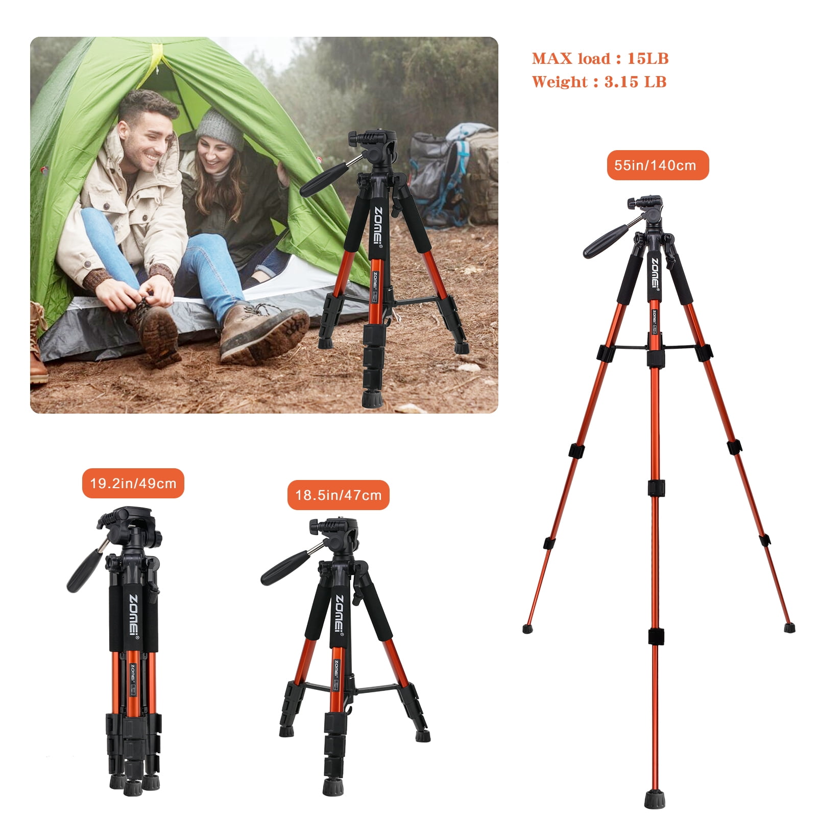 ZOMEI 55" Tripod Travel Camera Tripod with 3-Way Pan Head and Phone Holder Mount for Gopro,Projector,Smartphones Webcam,Spotting Scopesto Live Broadcast and DSLR EOS Canon Nikon Sony Samsung