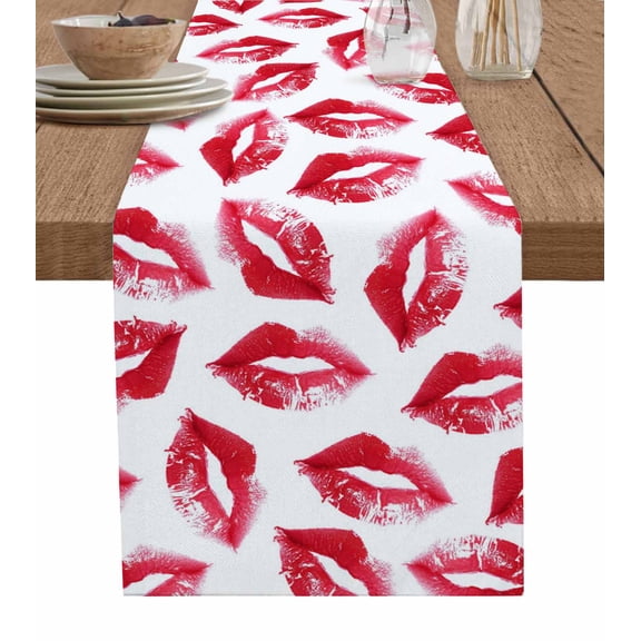 ERUNPONLY Red Lips Love Table Runner - 70 Inch Long Vintage Valentine's Day Cotton and Linen Blended Dress Scarves Farmhouse Table Runner for Kitchen Dining, Coffee Table, 13"x70"