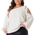 thumbnail image 2 of DARING DIVA Women's Plus Cold Shoulder Tie Long Sleeve Blouse 1X Beige, 2 of 6