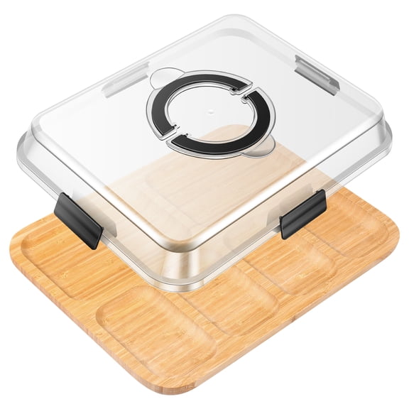 Ikoopy Bamboo Charcuterie Platter Collapsible Handle Divided Wood Meat Fruit Serving Tray With Transparent Lid for Party Camping Picnic