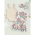 thumbnail image 4 of Arvbitana Baby Girl Outfits Sleeveless Solid Color Ribbed Sling Romper + Floral Print Flare Pants + Headband Summer Casual Clothes Suits 3Pcs 3-24M, 4 of 8