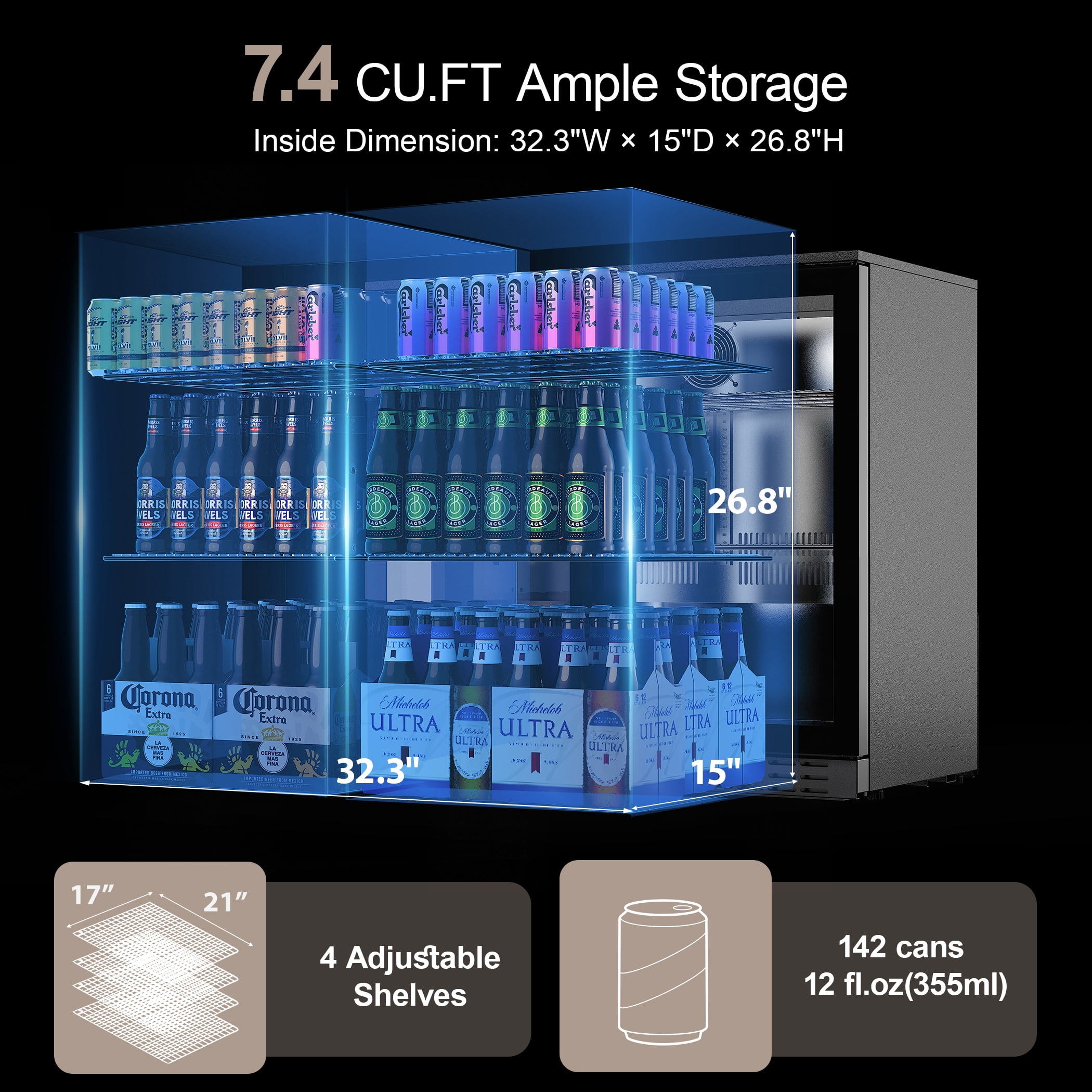 Coolake 36in 7.4 cu.ft Commercial Back Bar Cooler with 2 Glass Doors, Under Counter Beverage Refrigerator for Restaurant