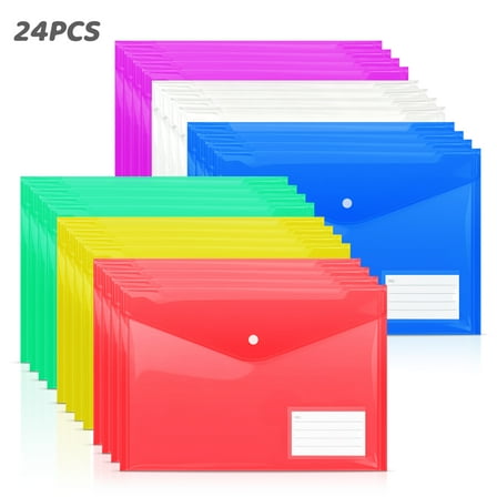Xueyu 24 Pack Plastic Envelopes, Plastic Folders for Documents with Label Pocket and Snap Button, A4/Letter Size, 6 Colors, School, Office Storage