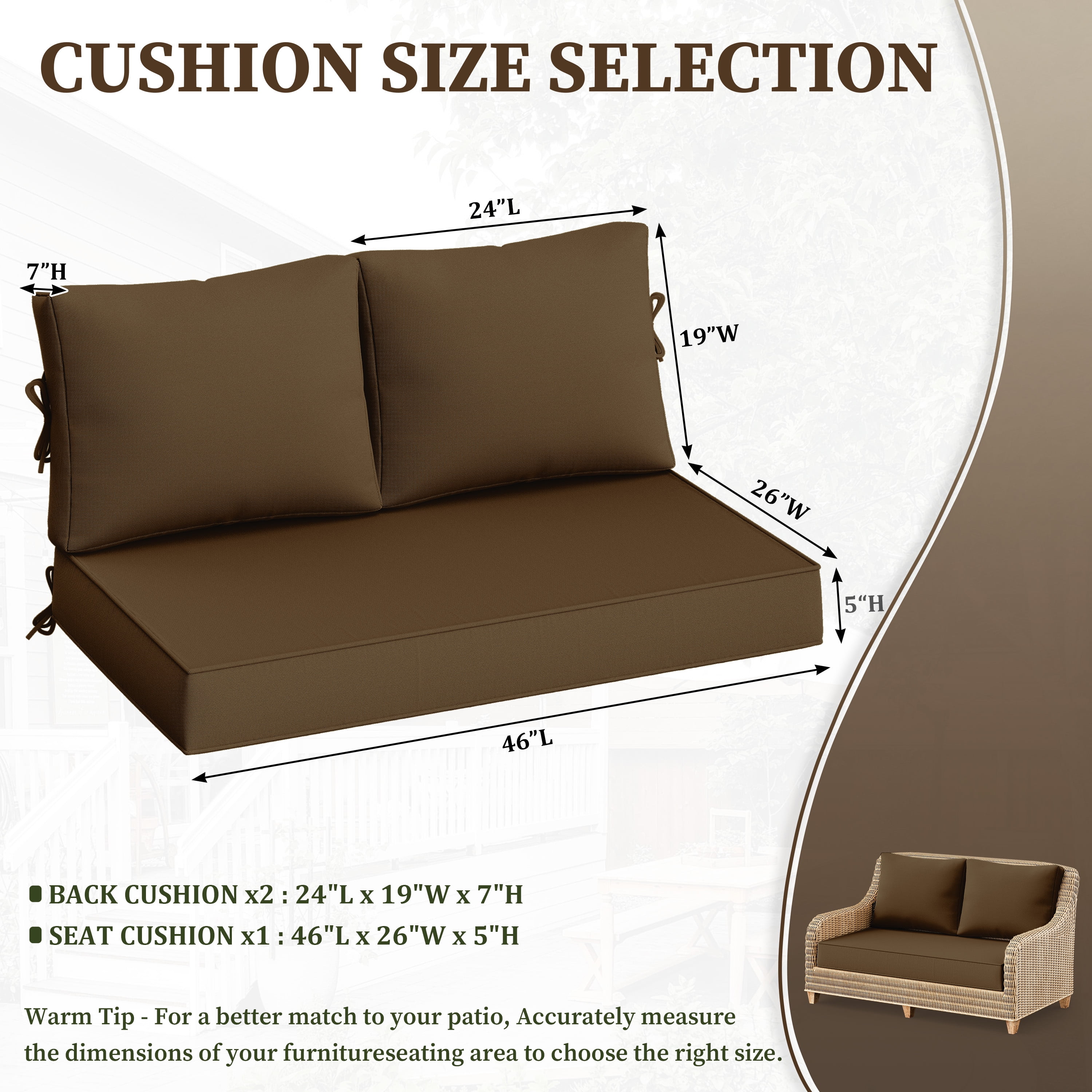 Pakunoda Outdoor Loveseat Cushion Set 46 x 26 Inch, Water Repellent, Fade Resistant, Patio Loveseat Replacement Cushions for Couch Bench and Swing, Chocolate