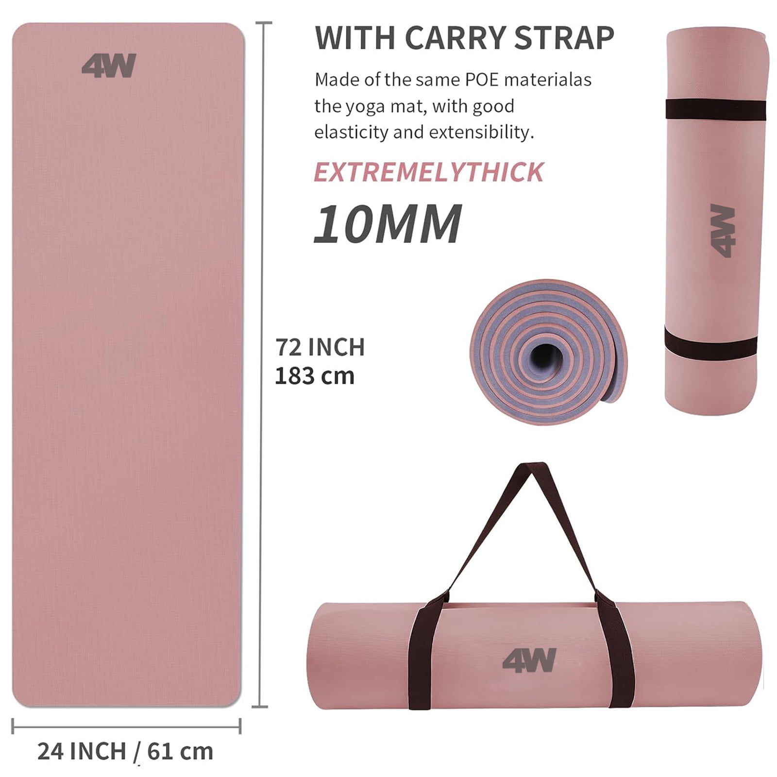 4W 10mm Pink Yoga Mat Thick- TPE Non-Slip Exercise Mats with Strap for Home Workout/Pilates for Women Men 72"×26"(Pink + Silver)