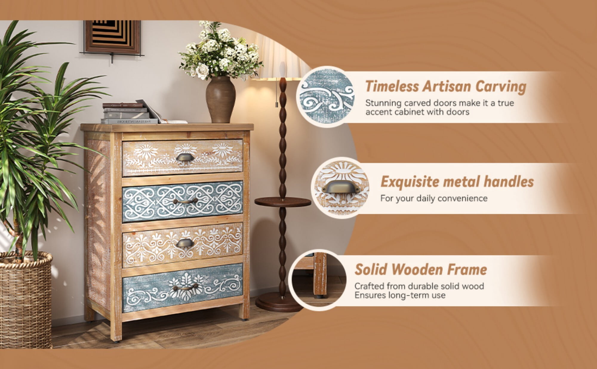 AENKYO Vintage 4-Drawer Storage Chest, Distressed Wood Accent Cabinet with Boho Floral Design, Blue & Beige