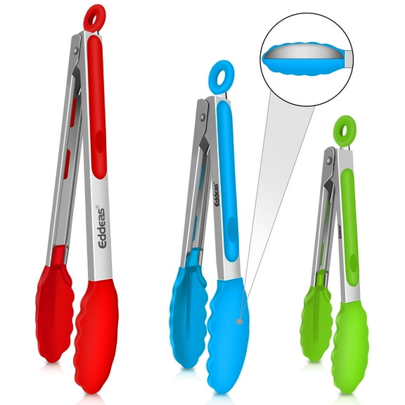 Eddeas Silicone Tongs for Cooking - Heat Resistant kitchen tongs for Salad,Cooking, Grilling,Stainless Steel and BPA Free Silicone Tips set of 3 (7" 9" and 12 inch)