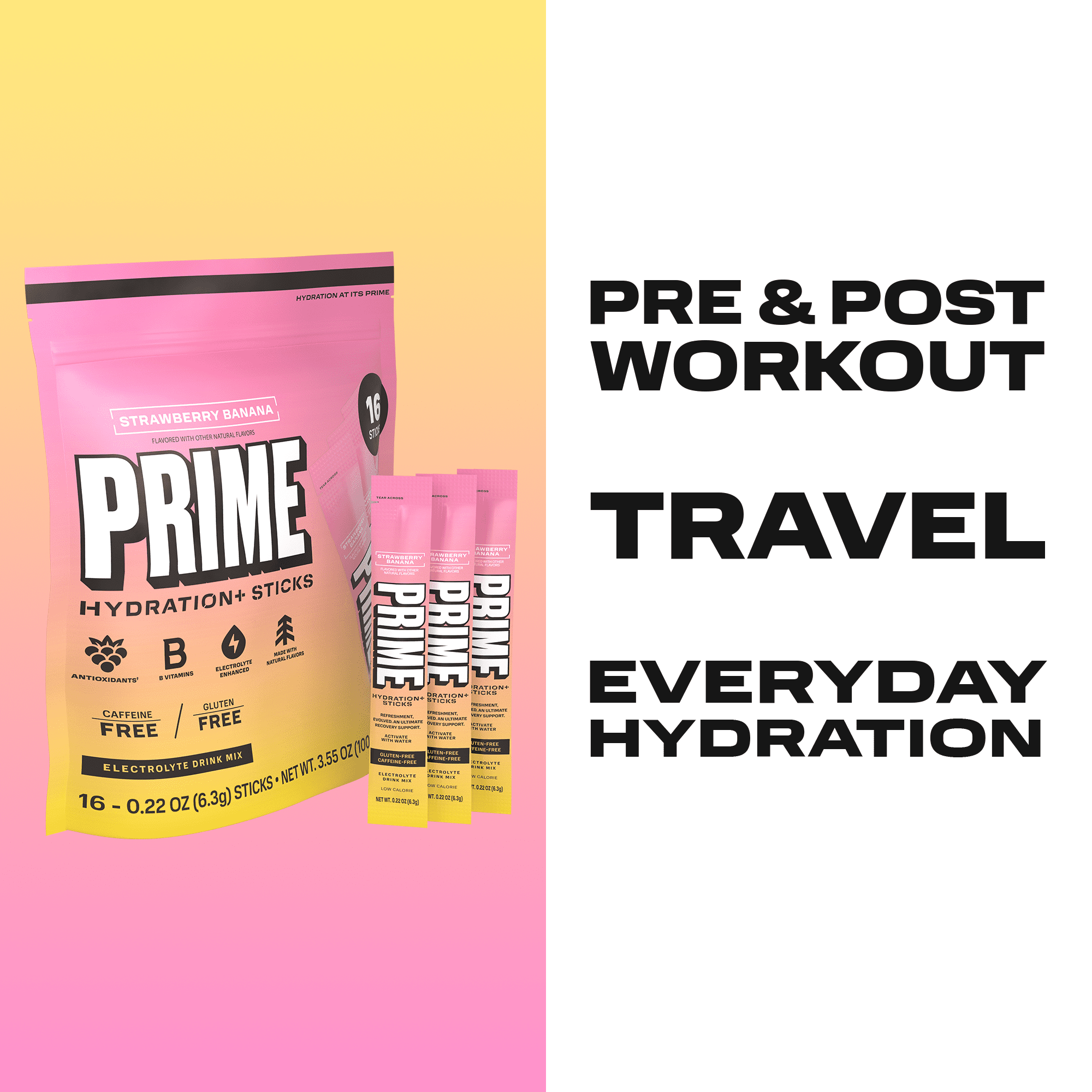 PRIME Hydration+ Strawberry Banana Electrolyte Powder Sticks, Sugar Free, 16 Count