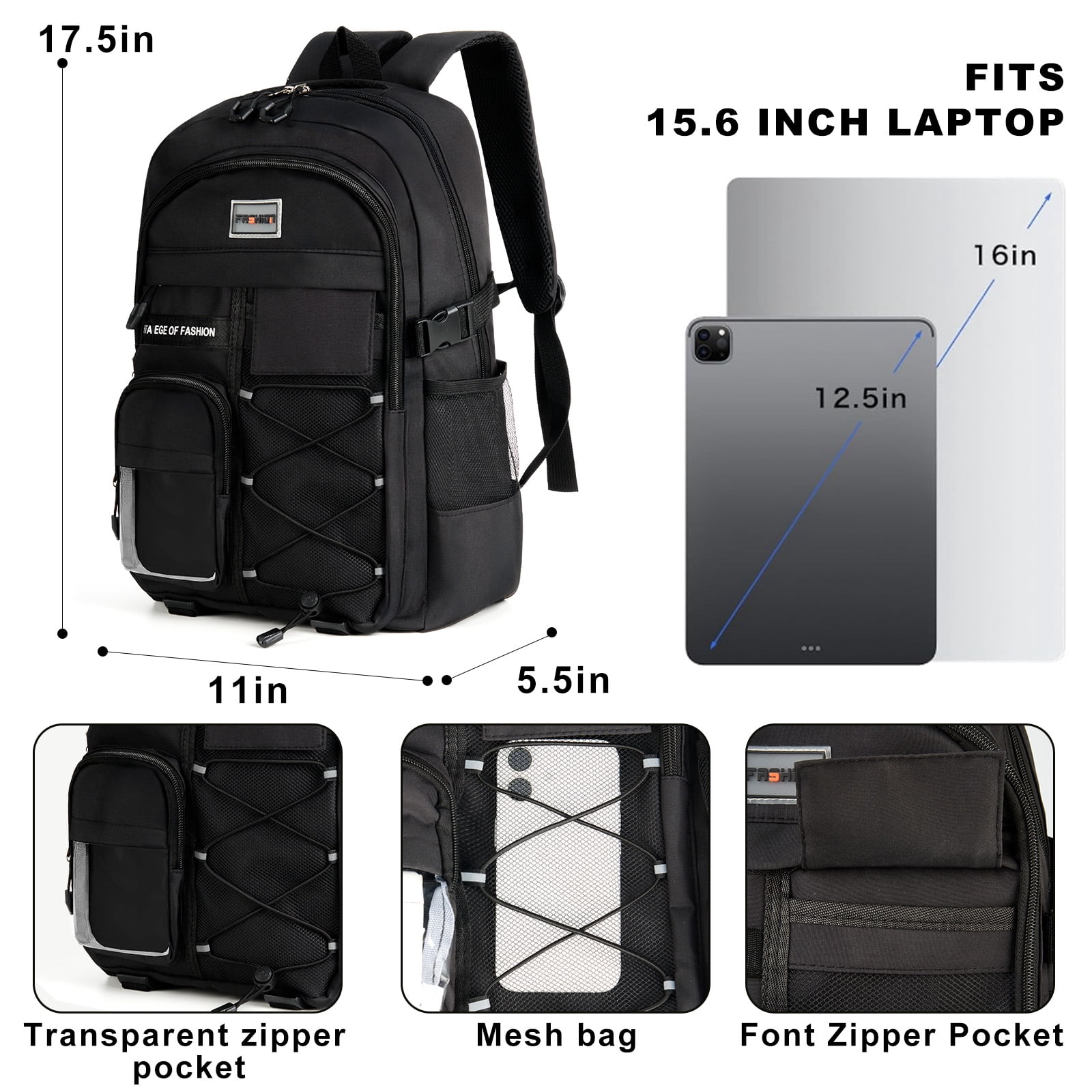 DAKIMOE School Backpack High School Bookbag Durable Large Capacity Lightweight Daypack for College Students Travel Daypack, Black