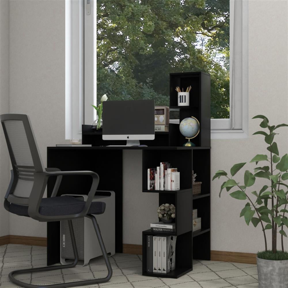 Demi Bonn Modern Computer Desk with Storage Bookshelf and Hutch for Home Office Desk Study Writing Table, Black