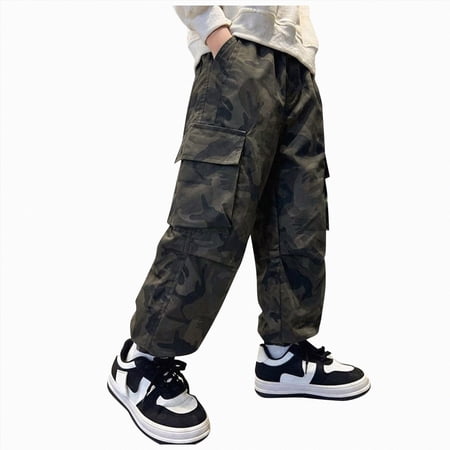 Xyant Boy s Camo Cargo Pants Joggers Baggy Fall Elastic Waist Wide Casual Hunting Pants with Pockets (Camouflage 9-10 Years)