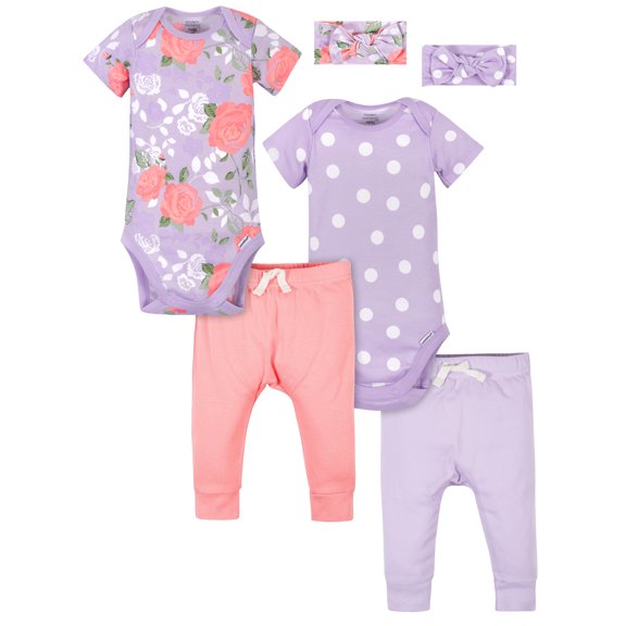 Modern Moments by Gerber Newborn Baby Girl Short Sleeve Bodysuit & Pant Outfit Sets, 6-Piece, Newborn-12 Months