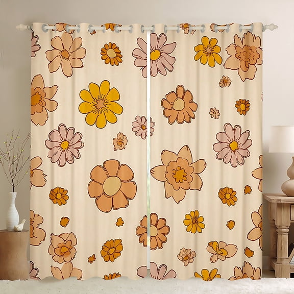 jejeloiu Cartoon Cute Flower Black Out Curtains,Kawaii Floral Curtains Pack of 2 (42x63 Each),Orange Daisy Blossom Bedroom Curtains For Girls Teens,Ultra Soft Home Decor
