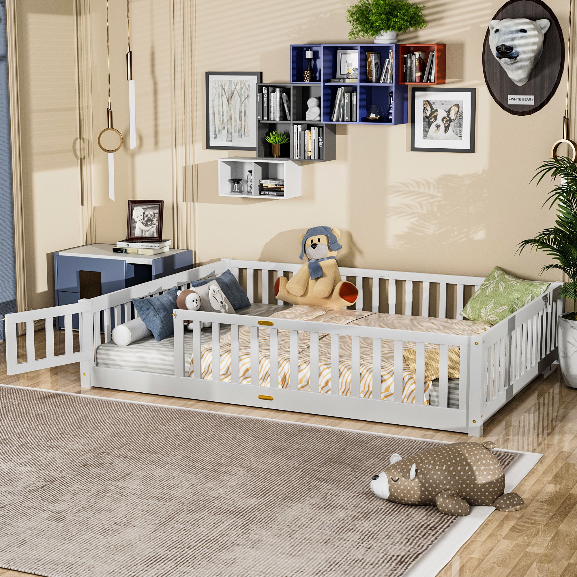 Miniyam Queen Size Toddler Floor Bed with Fence, White