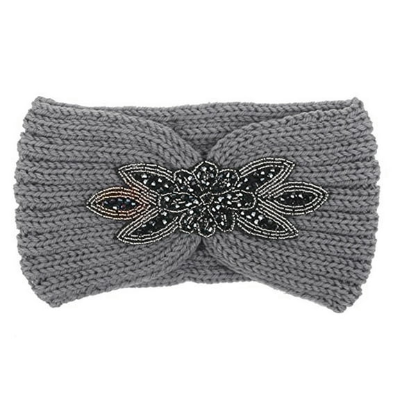 Women Sequin Knitted Hairband Flower Rhinestone Beaded Ear Warmer Wide Head Wrap