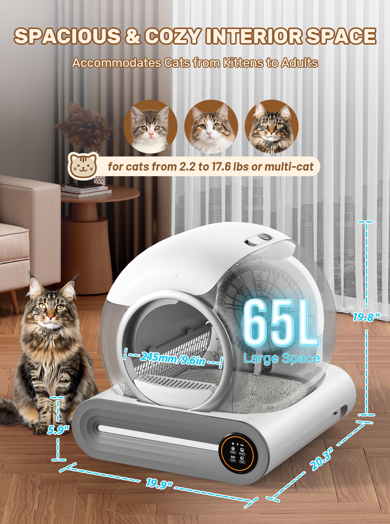 Automatic  Cat Litter Box, Upgraded 65L+9L Extra Large Self Cleaning Litter Box for Multiple Cats, Features negative ion Sterilization and Deodorization, APP Control