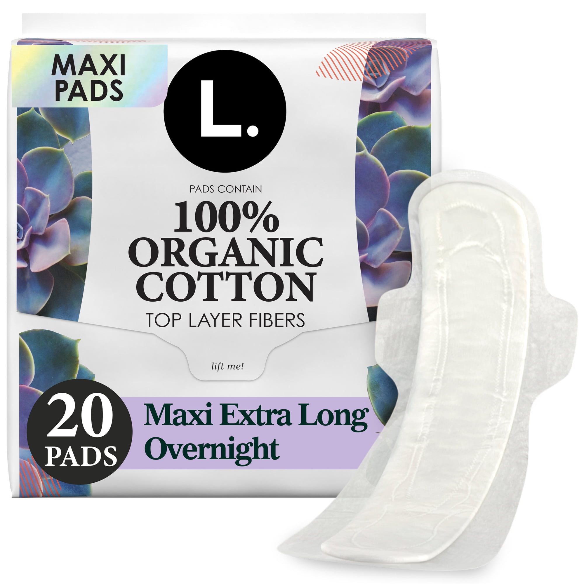 L. Extra Long Maxi Pads, Organic Cotton Top Layer, Overnight, 20 Count