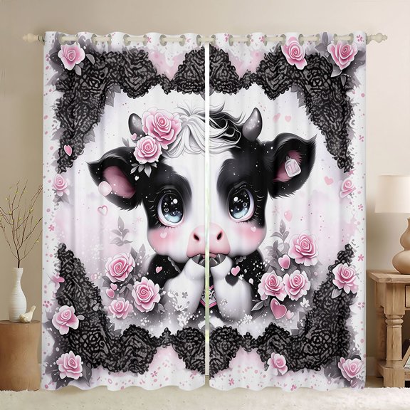 Castle Fairy Boys Girls Cartoon Cow Blackout Curtains Set of 2 (52x84 Each),Chic Pink Rose Flower Window Curtains,Kawaii Farmhouse Animal Curtains and Drapes,Ultra Soft Home Decor