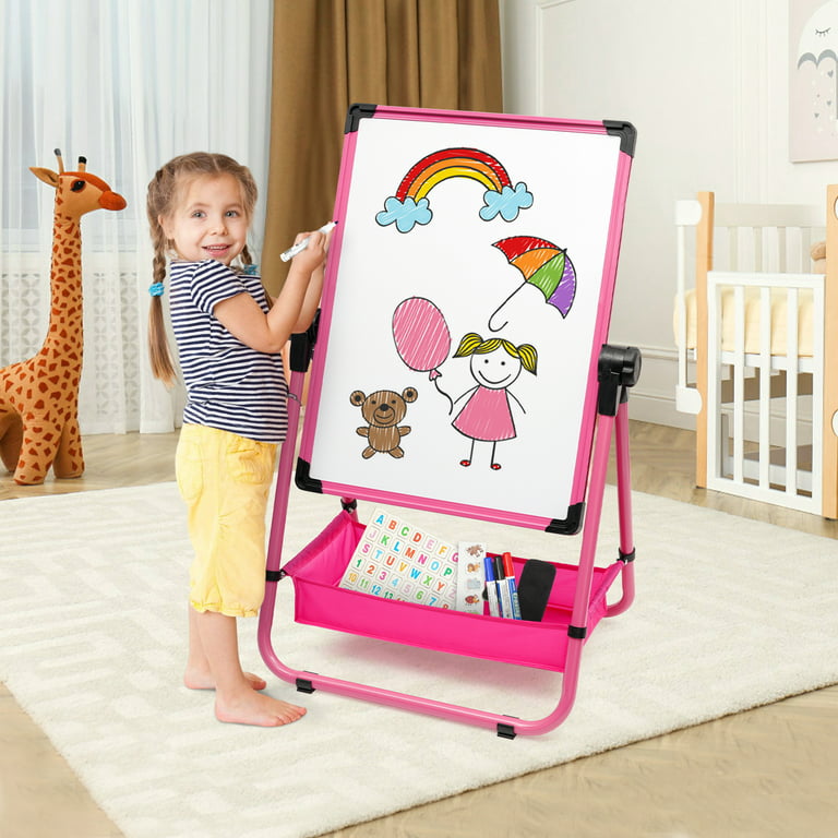 Ealing Kids Art Easel for Kids Toddlers with Magnetic Chalkboard Ages 2 4 6  8, Double-Sided Standing Wooden Painting Easel Adjustable Dry-Erase Board 