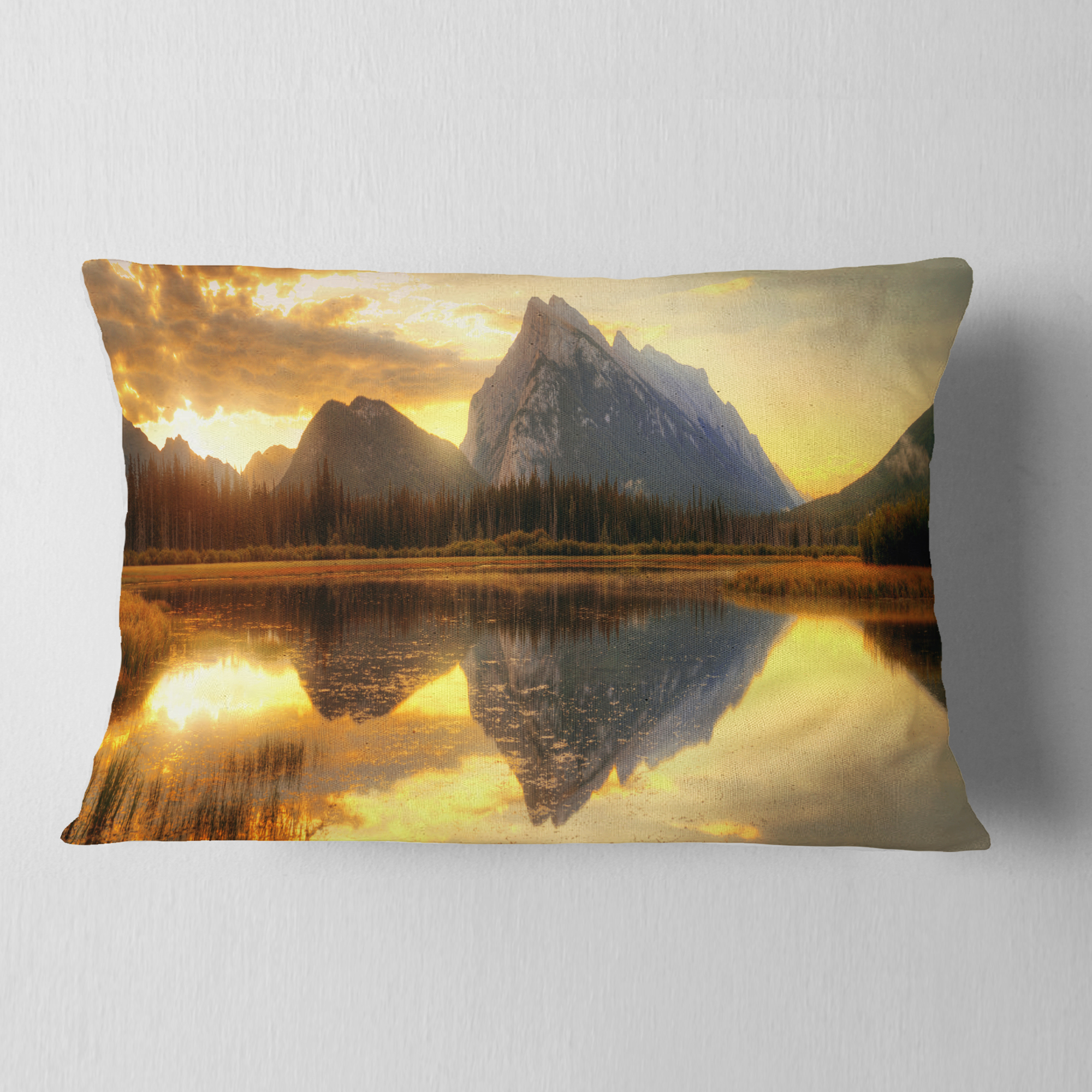Designart Vermillion Lake Sunrise in Banff Park - Landscape Printed Throw Pillow - 12x20