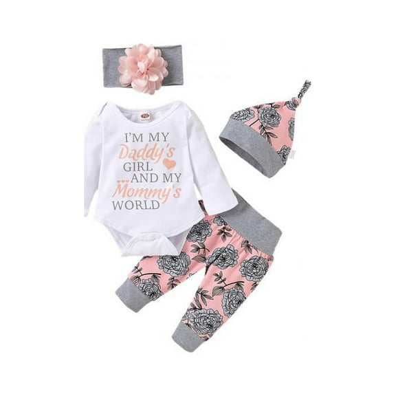 Project Retro AA Newborn Baby Girl Clothing Kids Baby Girls Outfits Clothes Romper Bodysuit Flower Printed Pants Headband Hat Set