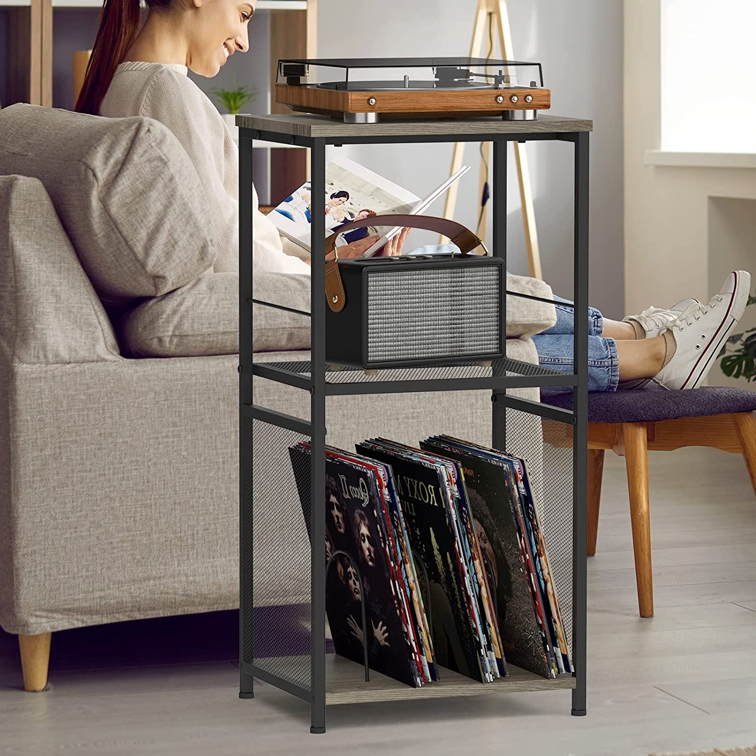 Record Player Stand with Vinyl Record Storage, 3-Tier Gray End Table