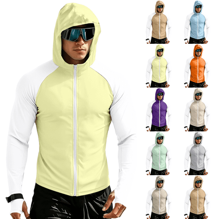 Men s UPF 50+ Sun Protection Color Block Full Zip Hoodie Jacket Long Sleeve Thumb Hole Fishing Hiking Performance Shirt Yellow M