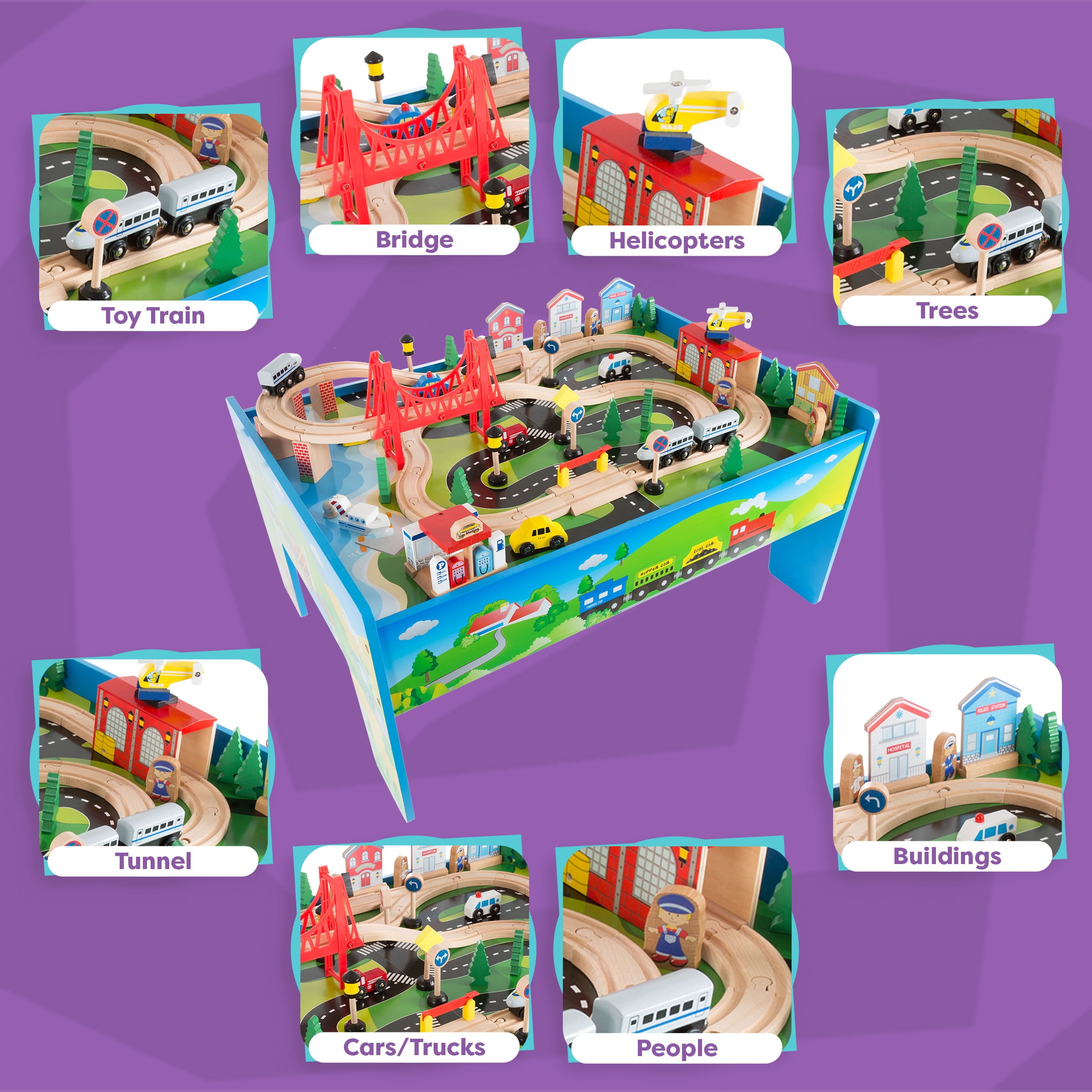 Hey Play 75-Piece Wooden Train Set with Illustrated Toy Storage Play Table