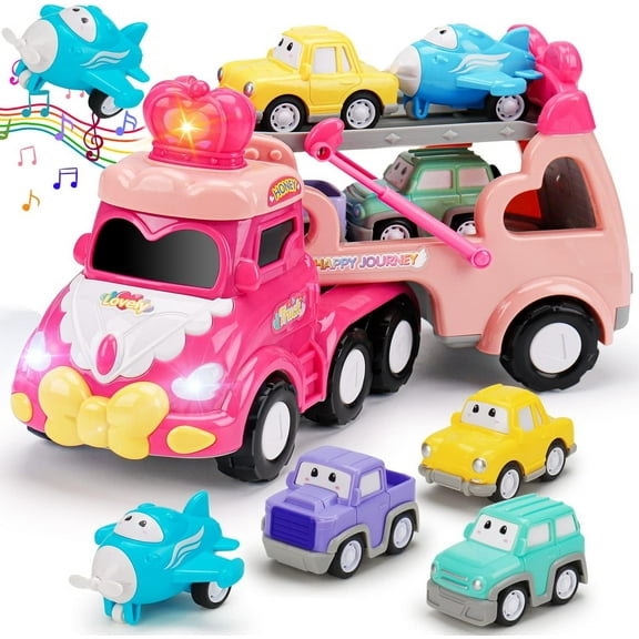 TYMZDYN Toddler Car Toys for 1 2 3 4 Year Old Girl, 5-in-1 Pink Princess Truck Girl Cars for Toddlers 1-3 with Light & Sound, Toddler Girl Toys Age 1-2 2-4,Birthday Gifts for Baby Girl Toys